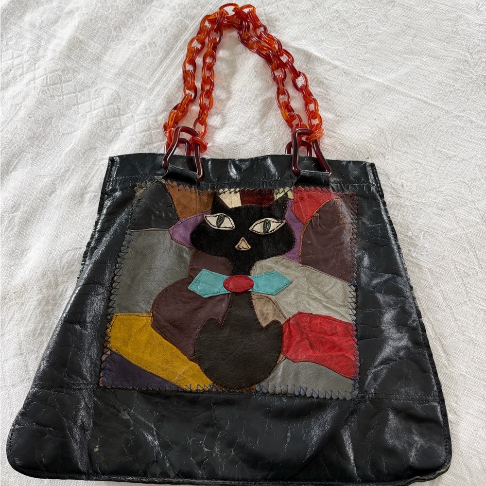 Vintage Handcrafted Patchwork Leather Cat Tote Bag in Black with Multicolor